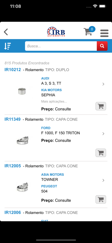 Uma lista de resultados de pesquisa no aplicativo IRB Automotive mostrando diferentes tipos de rolamentos e seus modelos de veículos compatíveis.