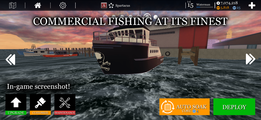 Customized commercial fishing boat in harbor in uCaptain fishing simulator