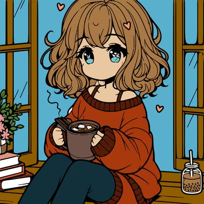 cute anime girl reading book and drinking hot chocolate from mug with loose wavy hair wearing a baggy sweatshirt and shorts sitting by windowsill looking out