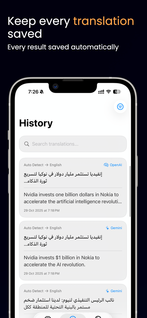 AI Translator - Transvia - The history screen of Transvia AI Translator app showing saved translations with OpenAI and Gemini models on an iPhone.