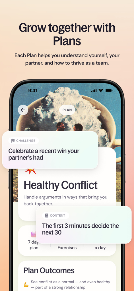 Ember: AI Relationship Coach - Interface of the Ember app showing the Healthy Conflict plan with daily challenges and relationship insights