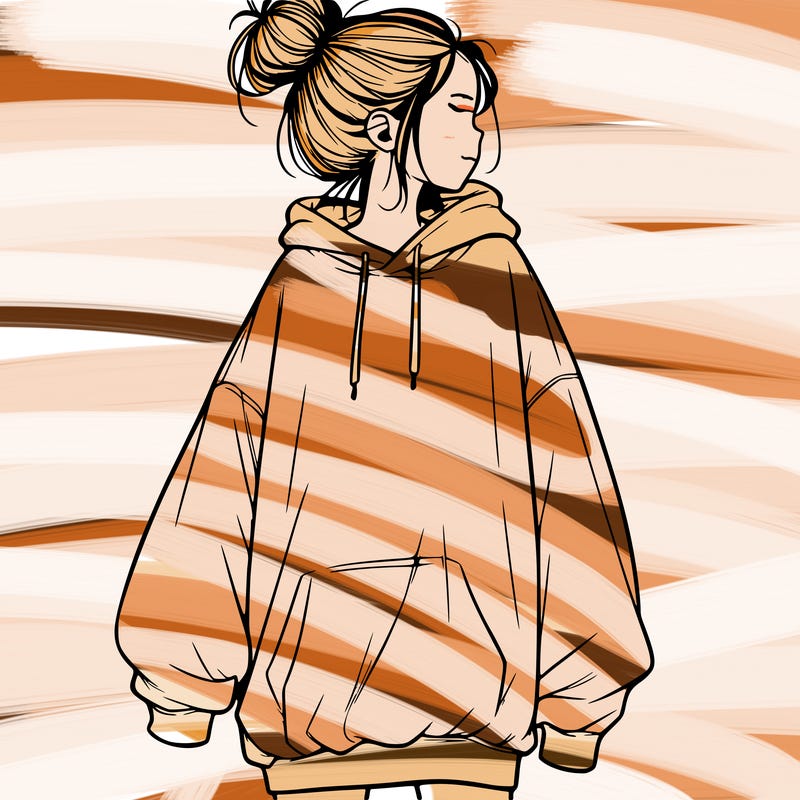 realistic girl with a oversized sweatshirt on and a bun