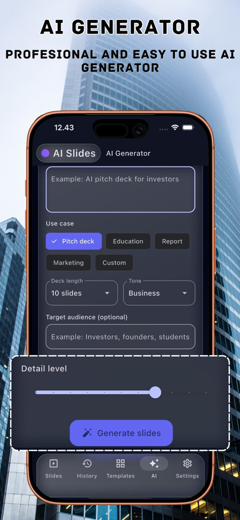 피치 덱 및 비즈니스 보고서에 대한 사용자 정의 가능한 옵션으로 프레젠테이션 슬라이드를 만드는 AI 생성기 인터페이스