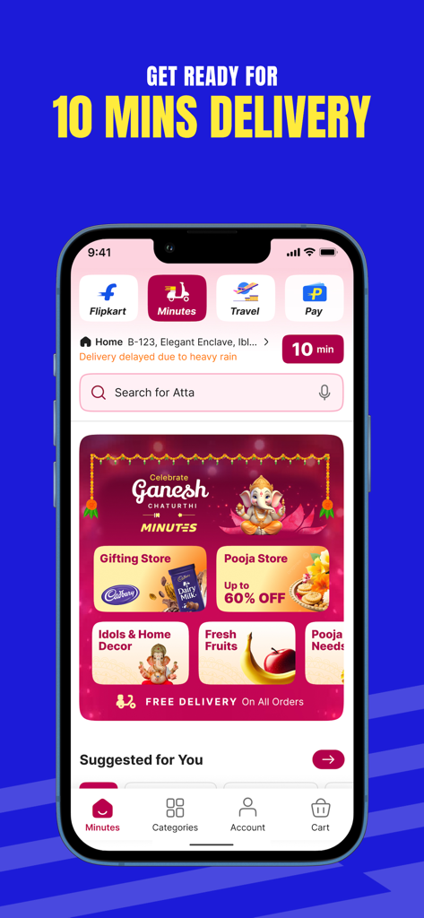 Flipkart - Online Shopping App - Flipkart 앱 인터페이스로, 축제 쇼핑 및 식료품에 대한 10분 배달을 보여줍니다.