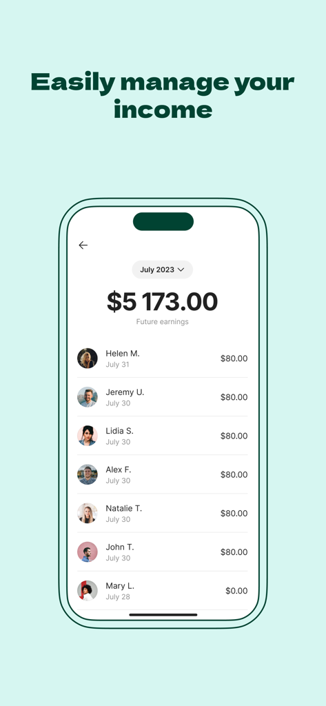 A screenshot of the Mindly Therapist app dashboard showing future earnings and a list of client payments.