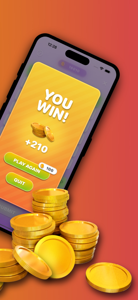 Word Puzzle: No Ads, No Wifi! - A smartphone screen showing a You Win message with gold coins in a word puzzle game