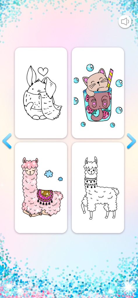 Schermata del menu di Kawaii Coloring Book Glitter che mostra disegni di un gatto, un coniglio e lama