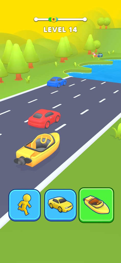 Shape Shifter: Shifting Race - Shape Shifter Shifting Raceのゲームプレイ用スクリーンショット。道路上のボートと変身選択ボタンが表示