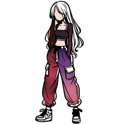 girl in baggy pants crop top and long hair