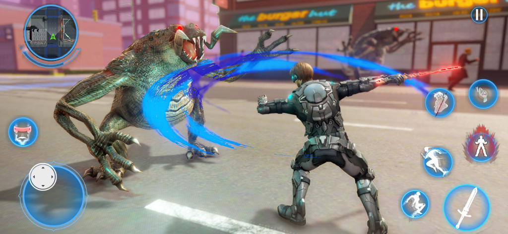 Grand Superhero Spider League - A futuristic superhero character fighting a large green monster on a city street