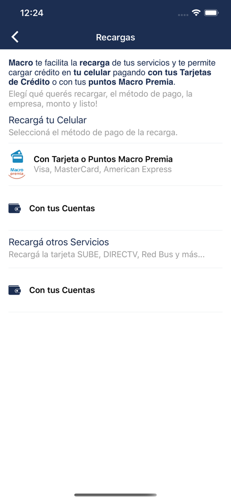 Banco Macro app interface showing mobile phone and service recharge options