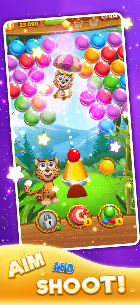 Bubble Pop: Wild Rescue - Gameplay of Bubble Pop Wild Rescue showing a cheetah cub rescue in a colorful bubble shooter puzzle