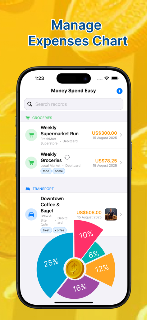 Money Spend Easy Log - Money Spend Easy Log app interface showing a list of categorized expenses and a spending distribution pie chart