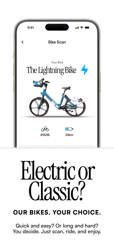 Metrofun® - Making Bikes Fun. - The Metrofun app interface displaying an electric bike scan screen alongside options for electric or classic bike choices