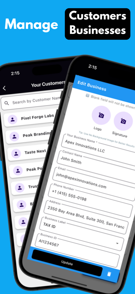 Delivery Note Maker App - Interface do App Criador de Notas de Entrega mostrando uma lista de clientes e uma tela de edição de perfil comercial com campos para logotipo e assinatura
