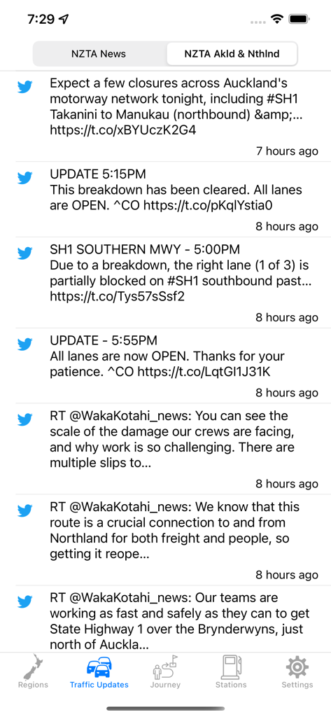 Interface of NZ Traffic Cameras and Updates app showing local traffic news and alerts