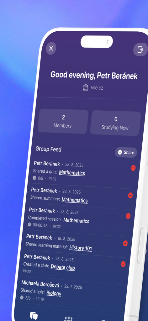 StudyLock: Block Distractions - StudyLock app screen showing a study group feed with student activity and shared learning materials