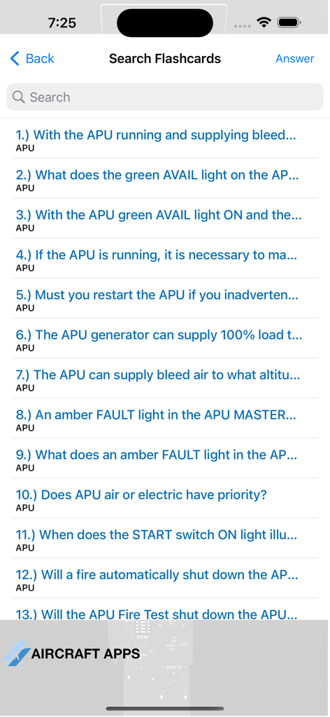 iAIRBUS A320 Type Rating Prep - Search screen displaying APU study questions for Airbus A320 pilot training