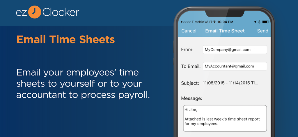 ezClocker: Employee Time Track - ezClocker app screen showing the feature to email employee time sheets for payroll processing