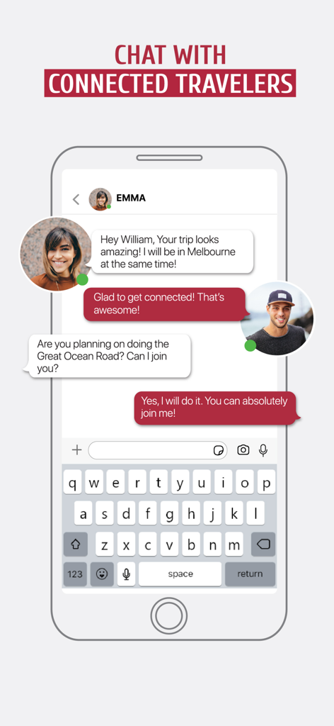 GAFFL - Find A Travel Buddy - Una pantalla móvil que muestra una interfaz de mensajería donde dos viajeros están planeando un viaje a Melbourne juntos en la aplicación GAFFL.