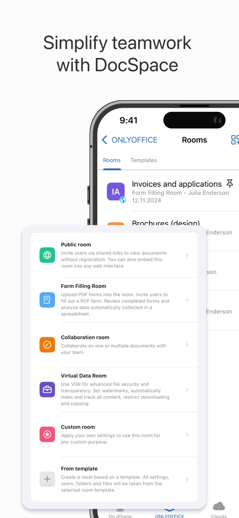 L'interface mobile ONLYOFFICE DocSpace présente les options de salles de collaboration, notamment les salles publiques, les salles de remplissage de formulaires et les salles de données virtuelles.