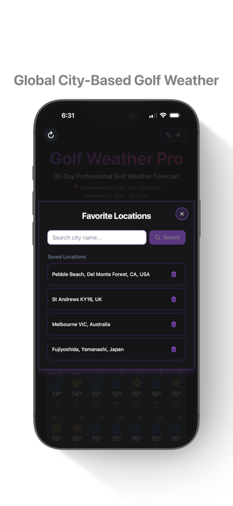 Golf Weather Pro – 30D - A mobile interface of Golf Weather Pro showing the favorite locations search feature with a list of saved international golf courses