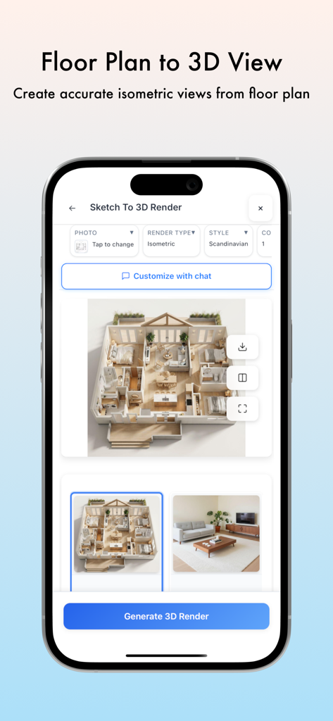 Écran de l'application Decor8 AI montrant un rendu de plan d'étage 3D isométrique créé à partir d'un croquis.