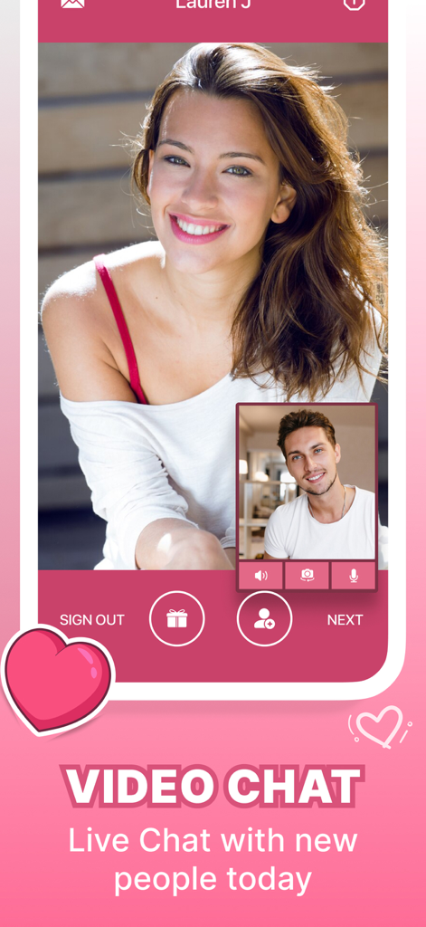 Interfaccia di chat video live sull'app Flirtbees che mostra una donna e un uomo in una videochiamata.