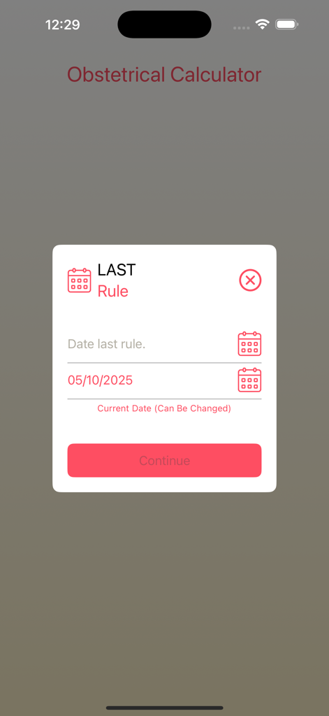 Obstetrical Calculator - Fenêtre modale de saisie de la date pour le calcul de la dernière règle dans l'application Calculatrice obstétricale