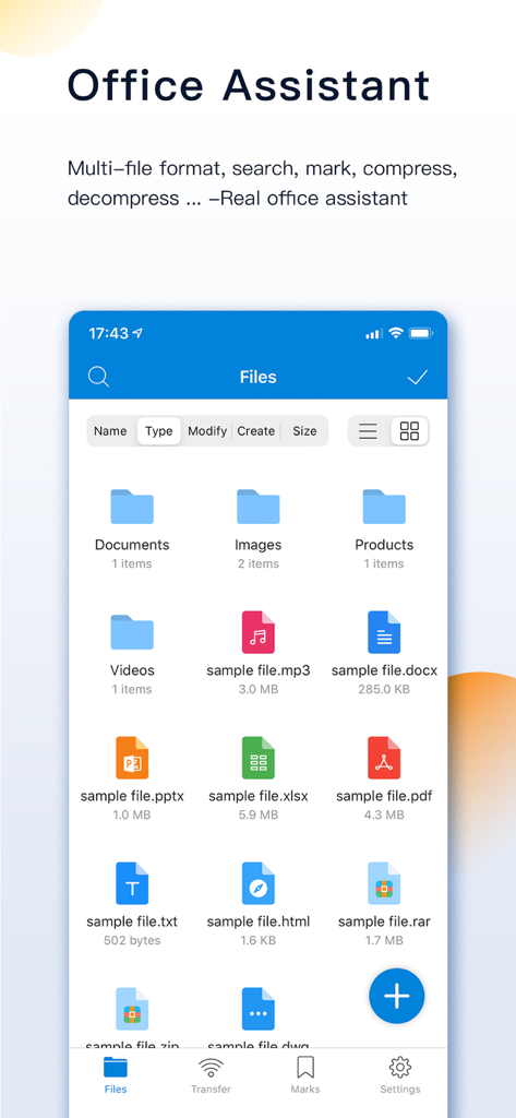 FileMate app screen showing organized folders and multiple file formats for mobile productivity