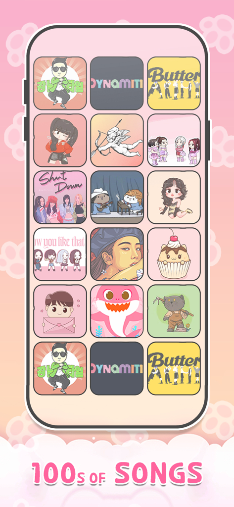 Meow Tiles: Kpop & Cats Piano! - A mobile screen showing a selection of popular K-pop songs with cute character art in the Meow Tiles app.