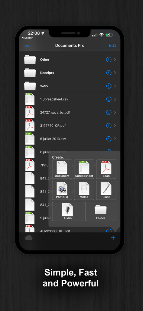 ファイル整理と作成オプションが表示されるDocuments Proアプリのインターフェイス
