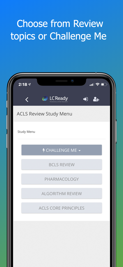 Menú de estudio de la aplicación móvil ACLS Review que presenta opciones de desafío y repaso de temas.