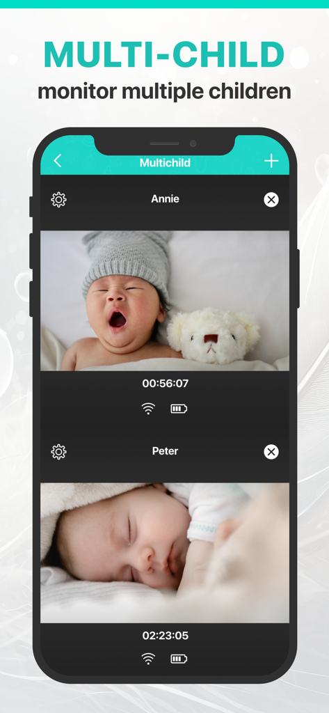 Annie Baby Monitor: Nanny Cam - La aplicación Annie Baby Monitor muestra una interfaz para varios niños con transmisiones de vídeo en vivo de dos bebés durmiendo