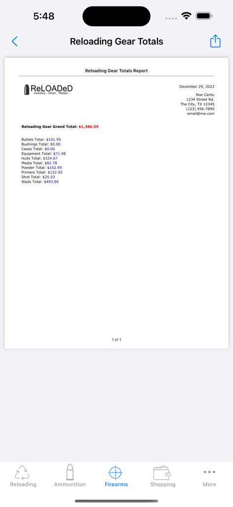 ReLOADeD (Ammo) - A summary report in the ReLOADeD app showing the inventory value and totals for reloading components and equipment