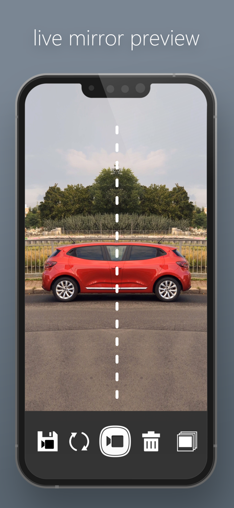 MoshUpアプリのインターフェースに、赤い車のビデオにライブミラーエフェクトが表示されている