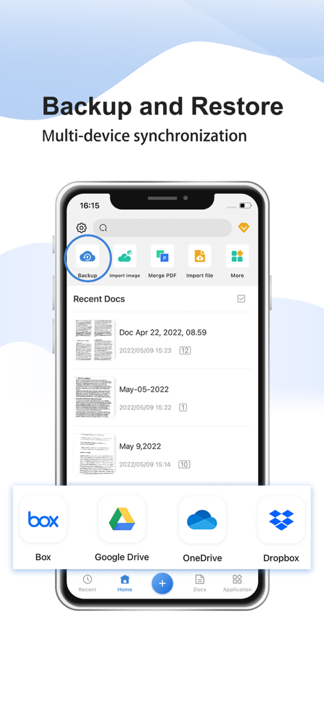 Interface de l'application Simple Scanner montrant les fonctions de sauvegarde et de restauration avec des options de stockage cloud comme Google Drive et Dropbox
