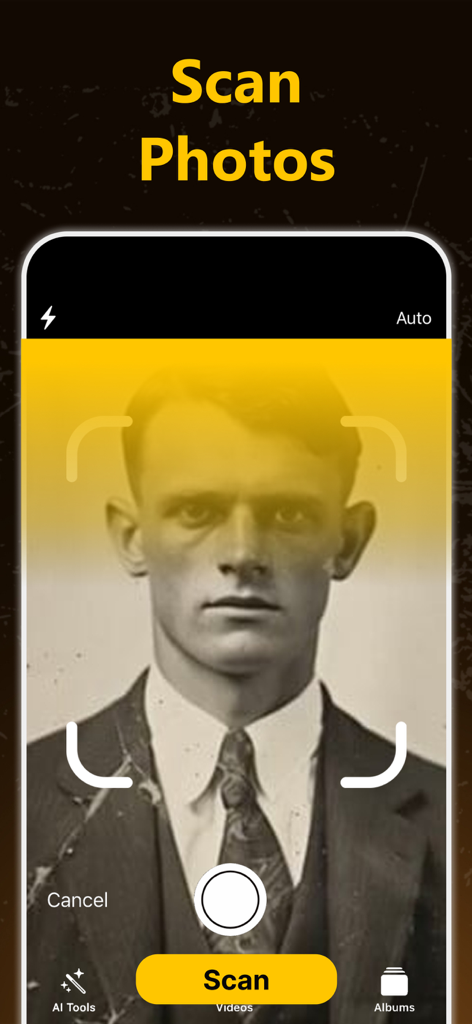 Nostalgia・Fix Old Photo&Repair - Mobile app interface showing the scan feature for digitizing vintage family portraits.