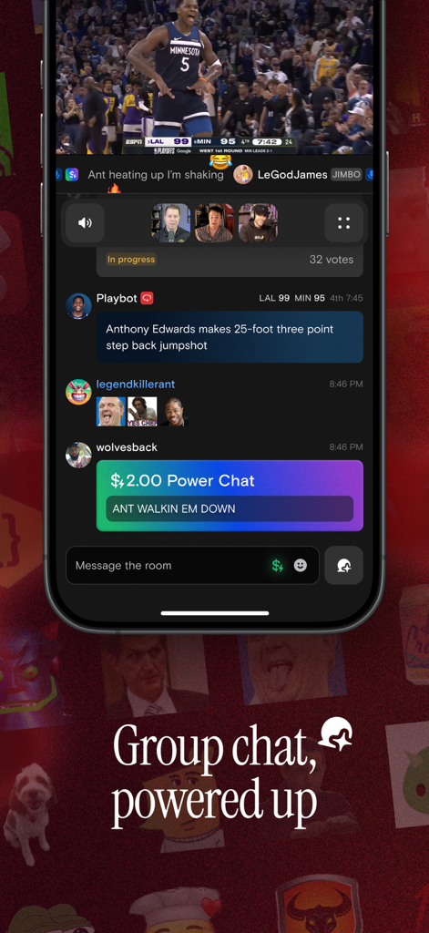 Playback: Stream Together - Un écran de téléphone mobile montrant l'application Playback avec un match de basket-ball en direct et un chat de groupe interactif avec des fonctionnalités de monétisation.
