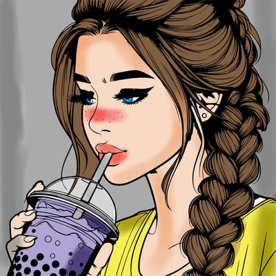 realistic girl drinking boba tea with braided hair