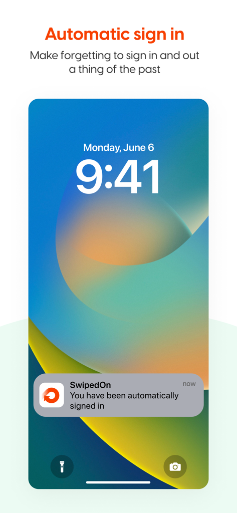 Automatic sign in notification from the SwipedOn Pocket app on a smartphone lock screen