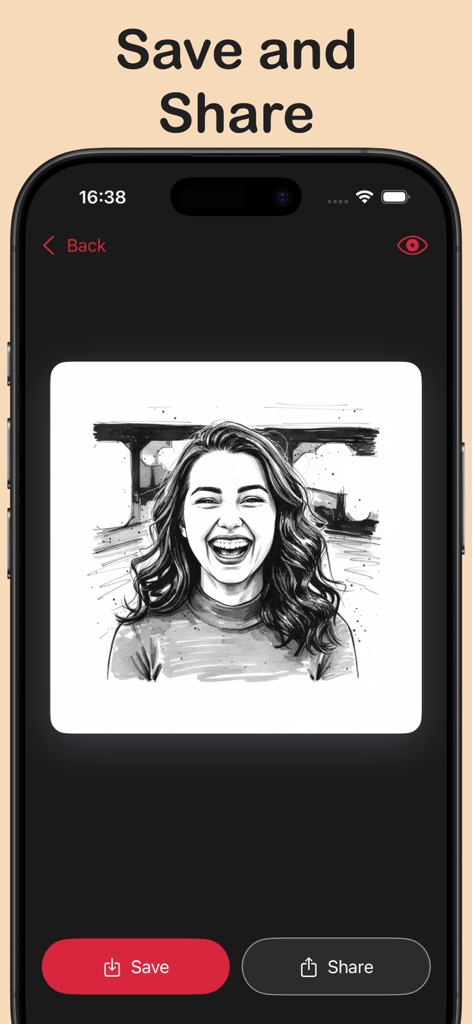 App interface showing a completed black and white line drawing of a smiling woman with save and share buttons.