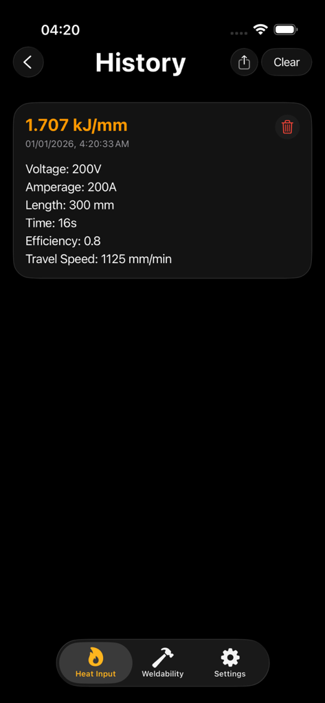 Welding Toolbox 2 - Welding Toolbox 2 app history page showing heat input calculation results including voltage and amperage