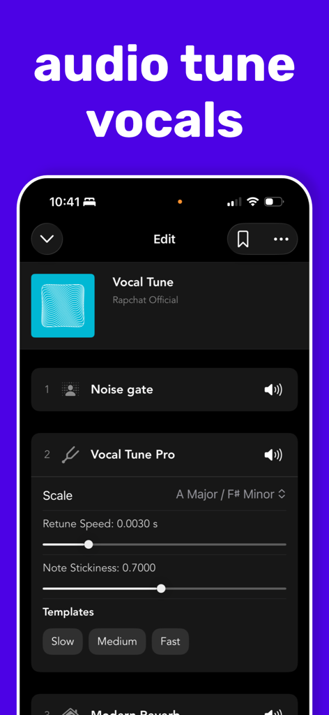 Rapchatアプリのインターフェース。オーディオチューニングボーカル用のVocal Tune Pro設定を表示。