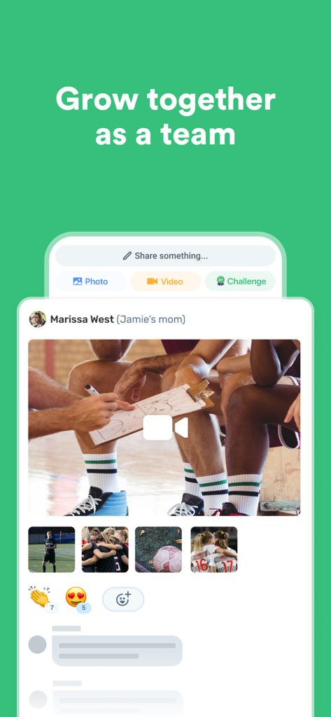 A screenshot of the Heja app social feed showing team members sharing photos and videos from sports games and practices