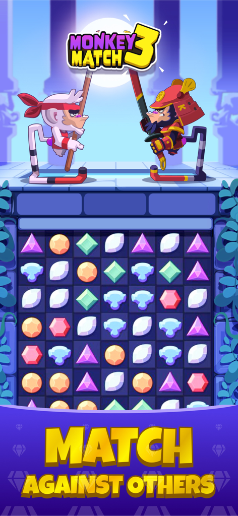 Monkey Match: Earn money game - Gameplay of Monkey Match showing a match 3 puzzle grid and two monkey characters in a battle