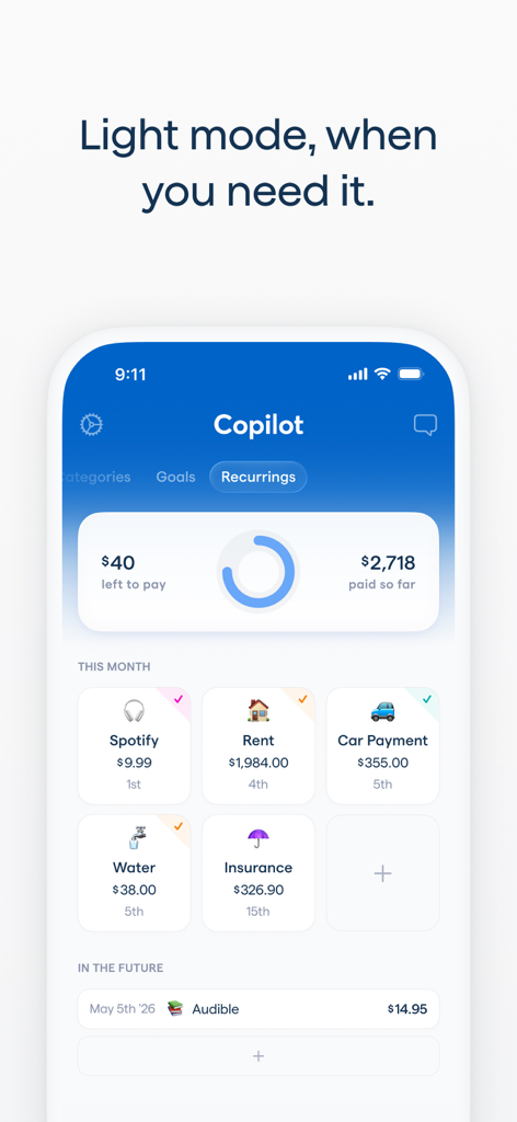 Copilot money app interface showing recurring monthly bills and subscription tracking in light mode