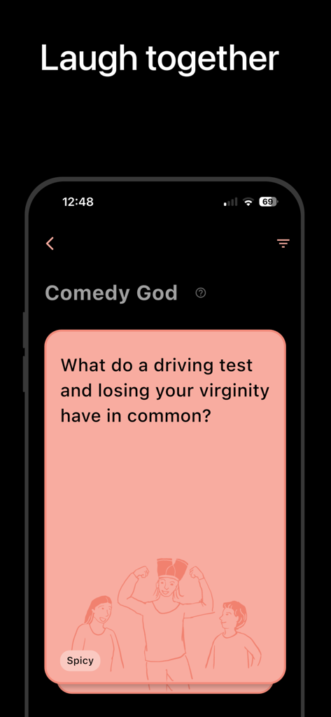 Social Gamebox - Una tarjeta de desafío de comedia en la aplicación Social Gamebox bajo el modo de juego Comedy God con la frase ríe juntos.