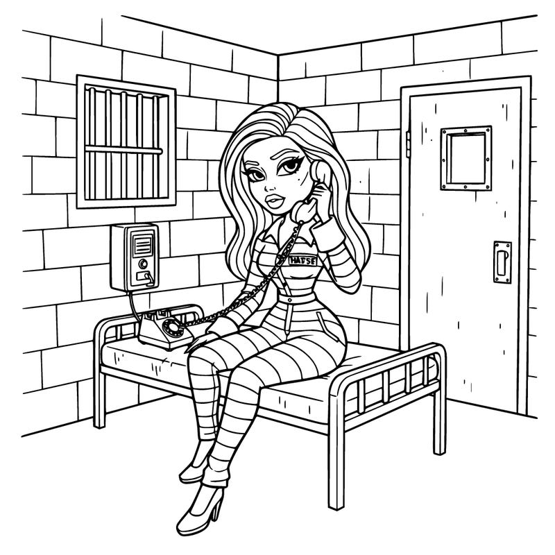 kylie jenner as a bratz/barbie doll picking up the phone in a prison cell