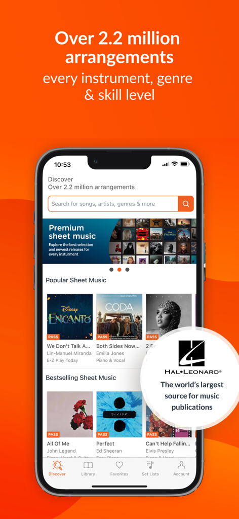 Sheet Music Direct - The Discover tab of the Sheet Music Direct app showcasing popular and bestselling sheet music arrangements from Hal Leonard.
